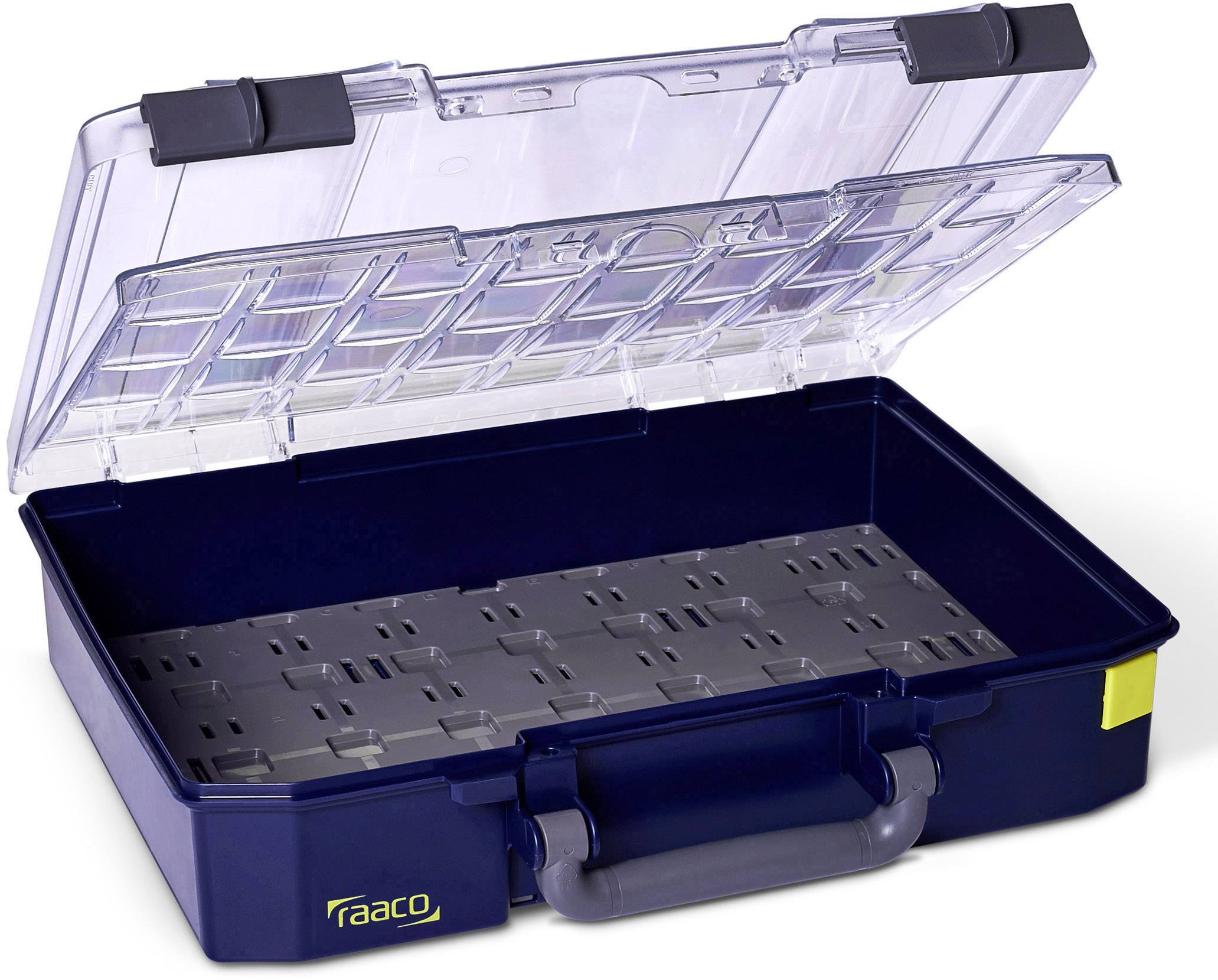 Otwarty, niebieski pojemnik magazynowy z przezroczystą pokrywą, metalowym spodem i żółtym zamknięciem, idealny do przechowywania narzędzi.