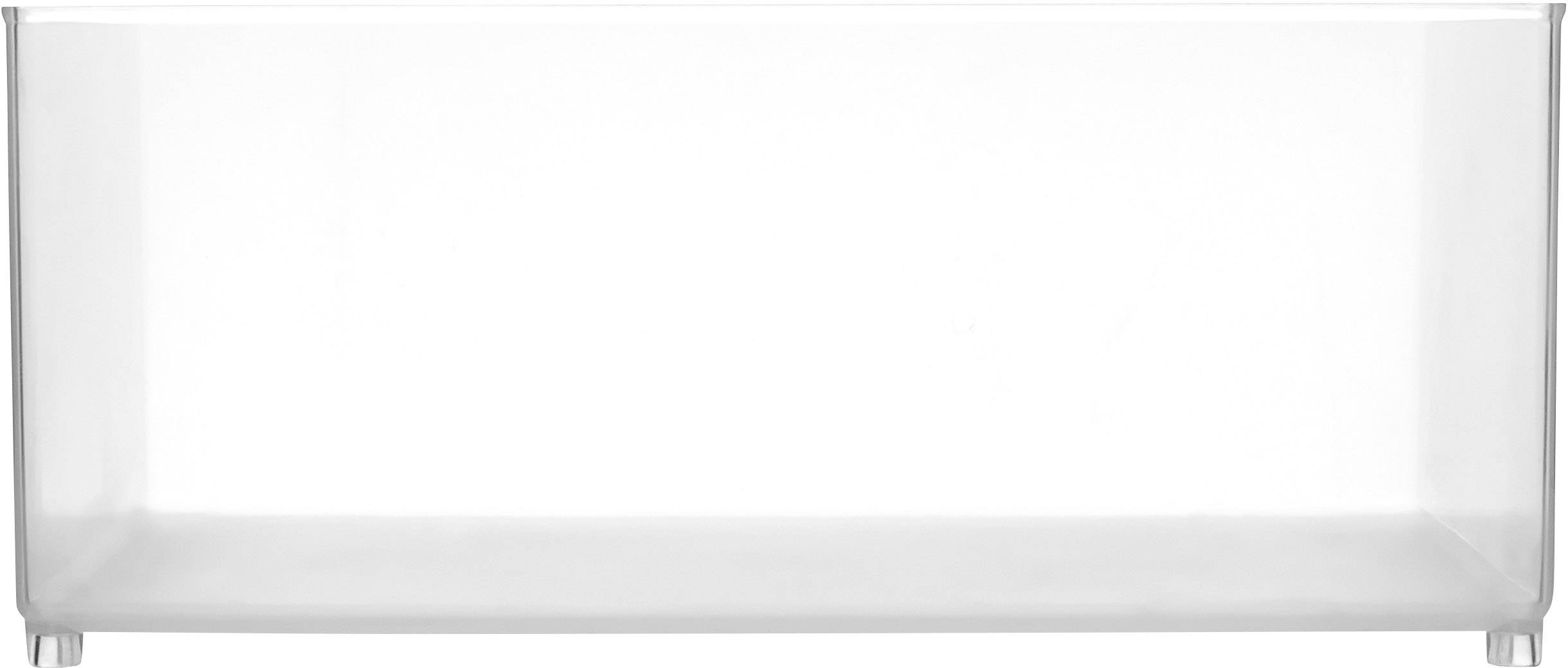 Pusty, przezroczysty pojemnik z tworzywa sztucznego o kształcie prostokątnym.