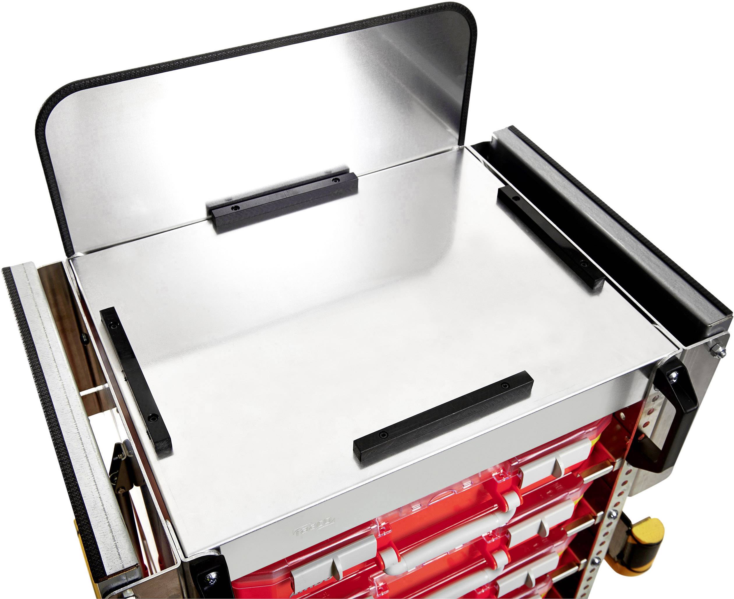 Wózek narzędziowy z czerwoną szufladą i metalową półką, przeznaczony do przechowywania i organizacji narzędzi oraz akcesoriów.