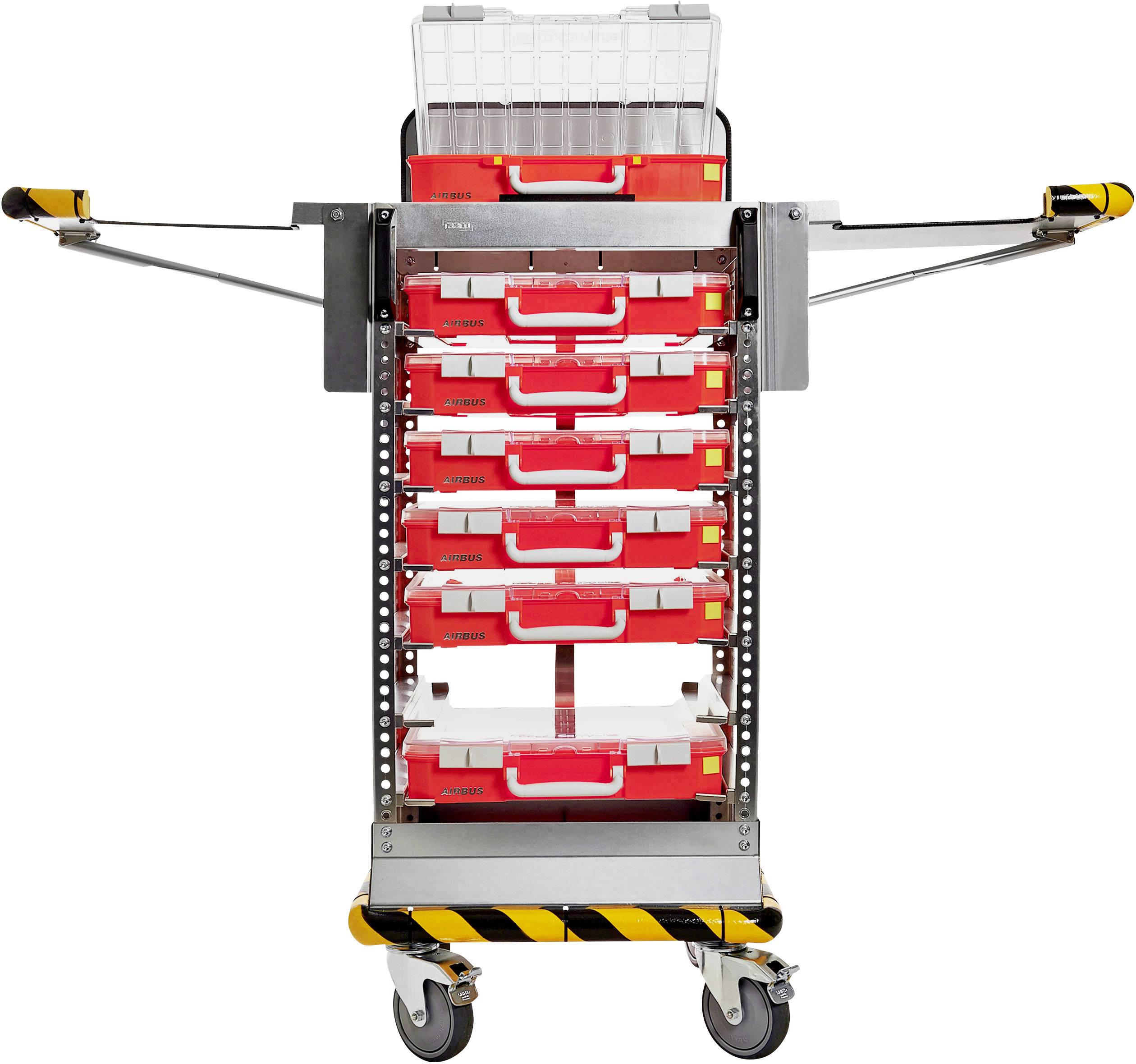 Mobilny wózek narzędziowy z wieloma czerwonymi i białymi pojemnikami do przechowywania, idealny do zorganizowanego magazynowania narzędzi.