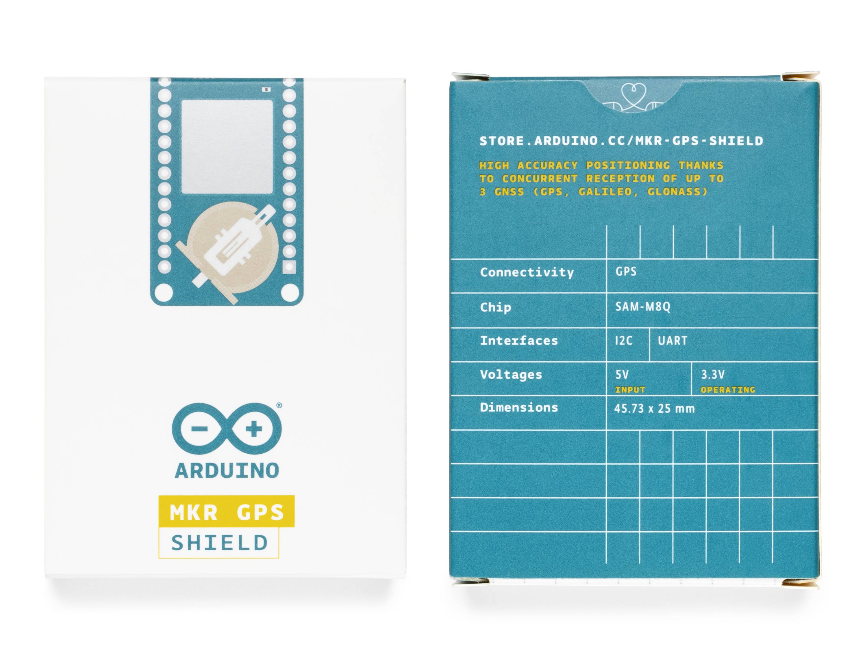 Opakowanie 'Arduino MKR GPS Shield' z informacjami o łączności, chipie, interfejsach, napięciach i wymiarach.