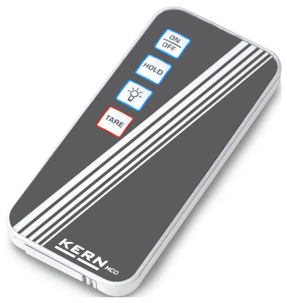 Elektroniczny pilot zdalnego sterowania z przyciskami 'ON/OFF', 'HOLD' i 'TARE', ukośnymi paskami i logo 'KERN'.
