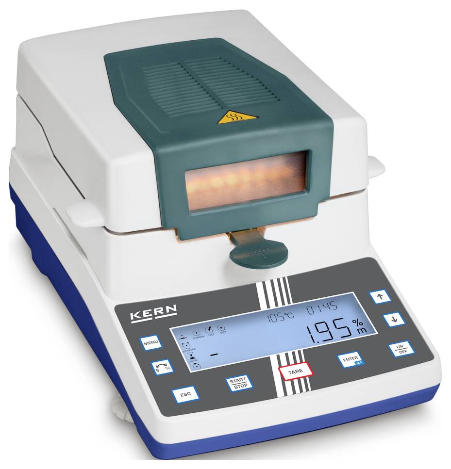 Waga suszarnicza z wyświetlaczem cyfrowym wskazuje 195%. Urządzenie służy do określania zawartości wilgoci w materiałach.