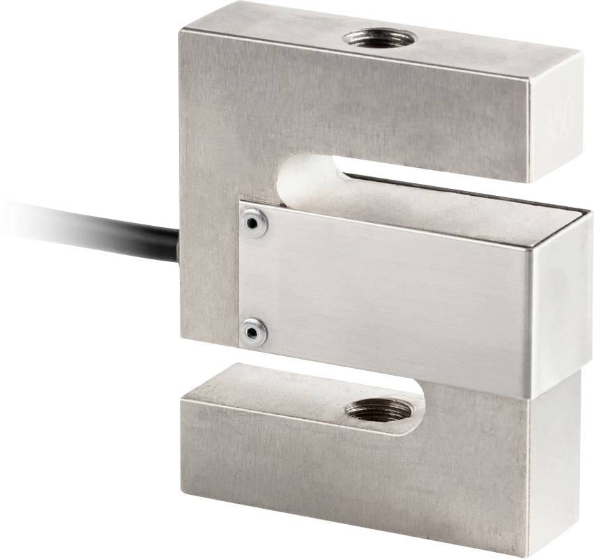 Metalowy czujnik w kształcie litery C z przewodem, stosowany do pomiaru masy lub siły, wyróżniony widocznymi śrubami.