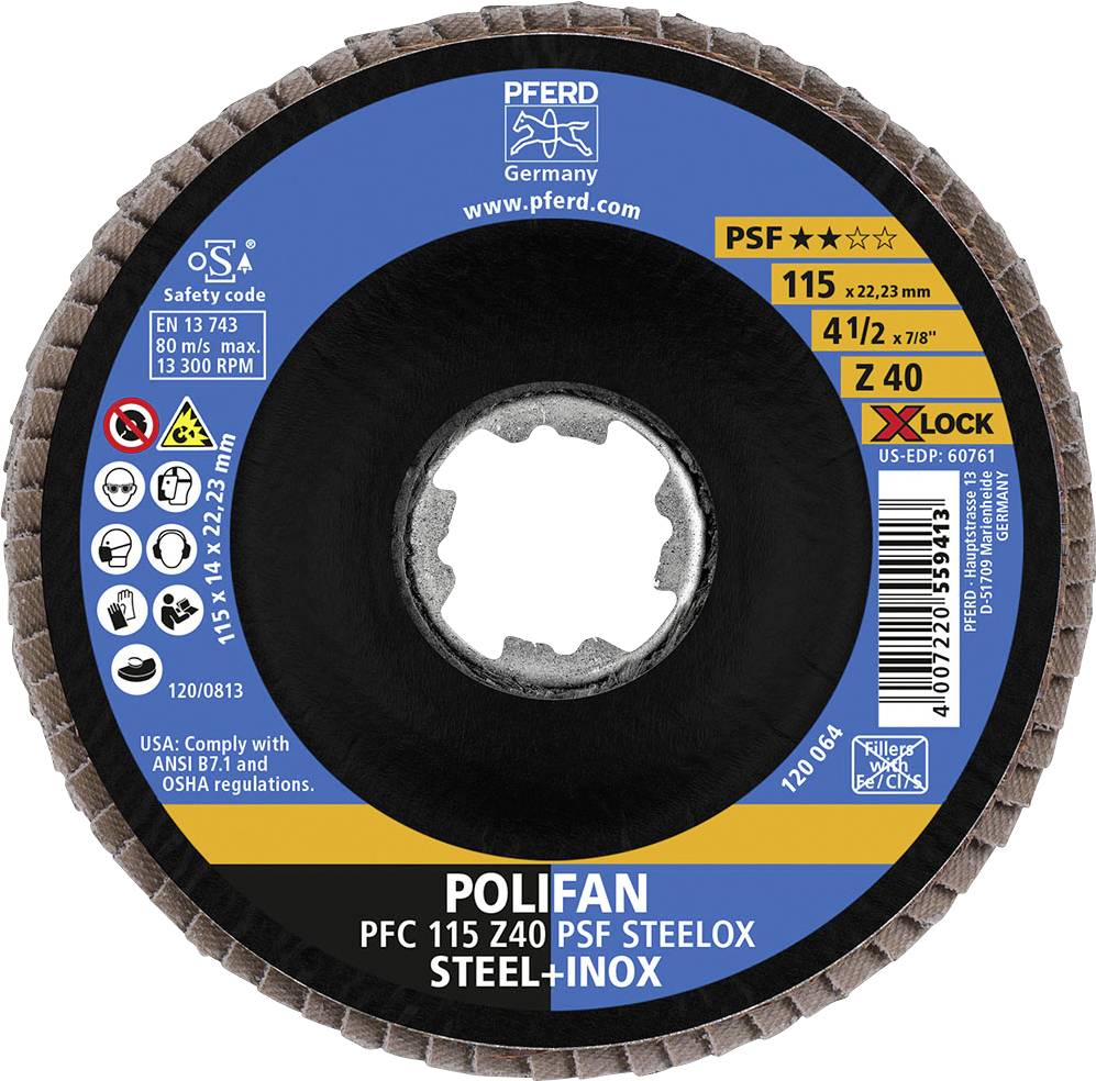 Tarcza szlifierska 'POLIFAN' firmy PFERD, 115 mm, do stali i stali nierdzewnej, 13.300 obr./min, z systemem X-Lock, zgodna z normami EN, ANSI i OSHA.