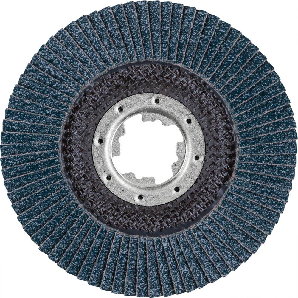 Tarcza szlifierska z niebieskimi lamelkami i metalowym środkiem, używana do obróbki powierzchni metalowych.