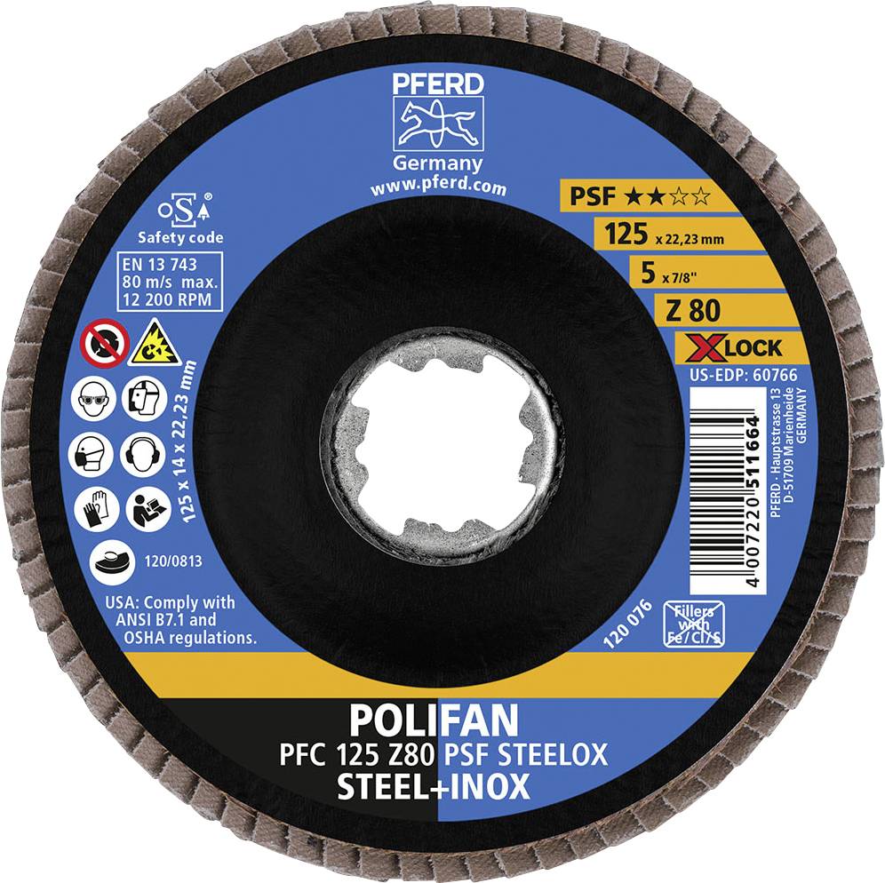 Tarcza szlifierska z napisem 'POLIFAN PFC 125 Z80 PSF STEELOX STEEL+INOX'. Średnica 125 mm, grubość 22,23 mm.