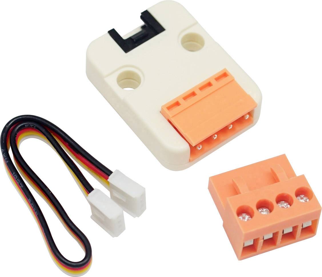 Element czujnika w kolorze pomarańczowym, wyposażony w blok przyłączeniowy, kable i złącza, prezentuje komponent elektroniczny przeznaczony do projektów majsterkowiczów.