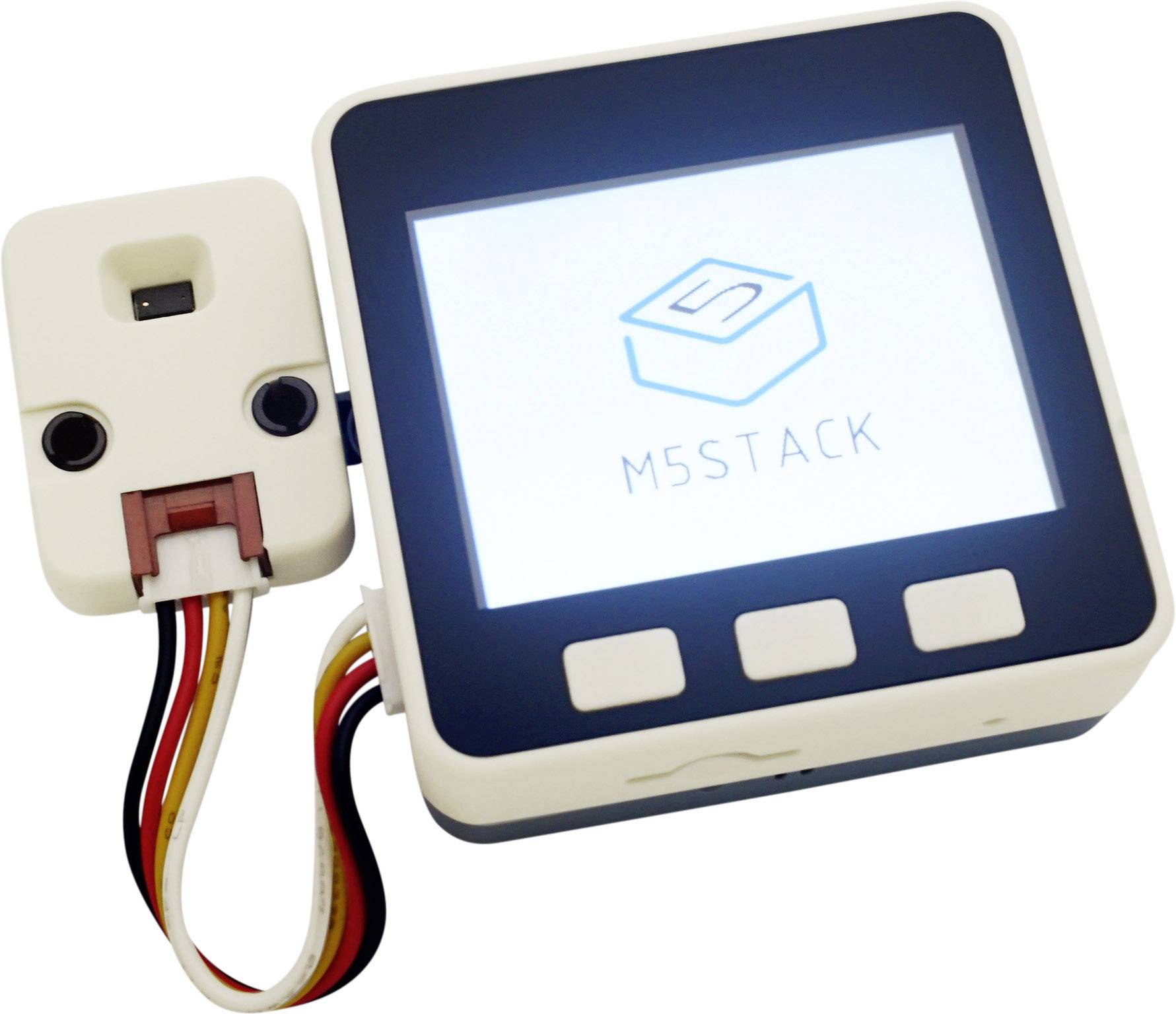 Elektroniczne urządzenie z wyświetlaczem prezentuje logo M5Stack. Do niego podłączony jest sensor za pomocą kolorowych przewodów.