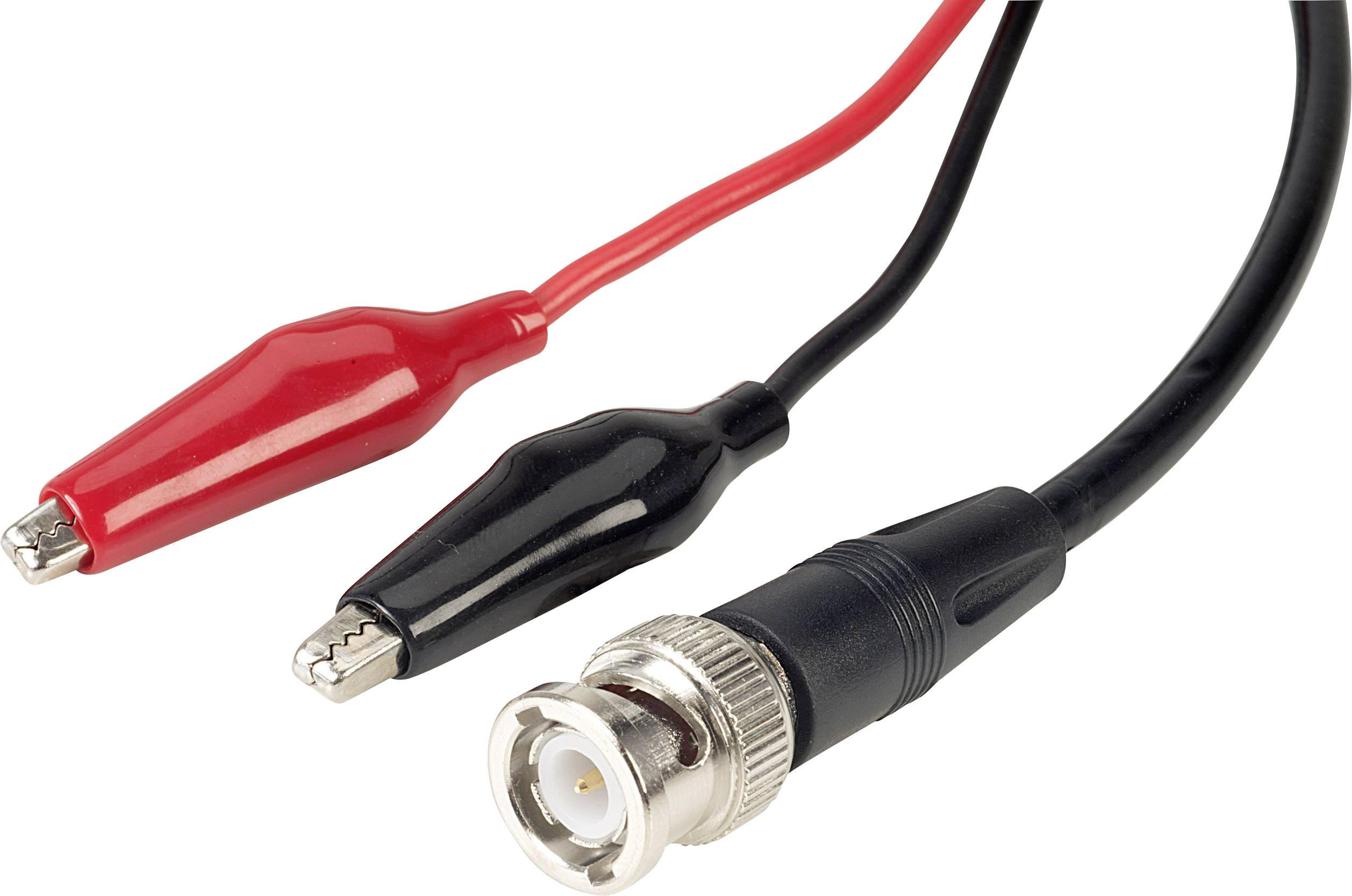 Adapter BNC na zaciski krokodylkowe z czerwonym i czarnym przewodem.