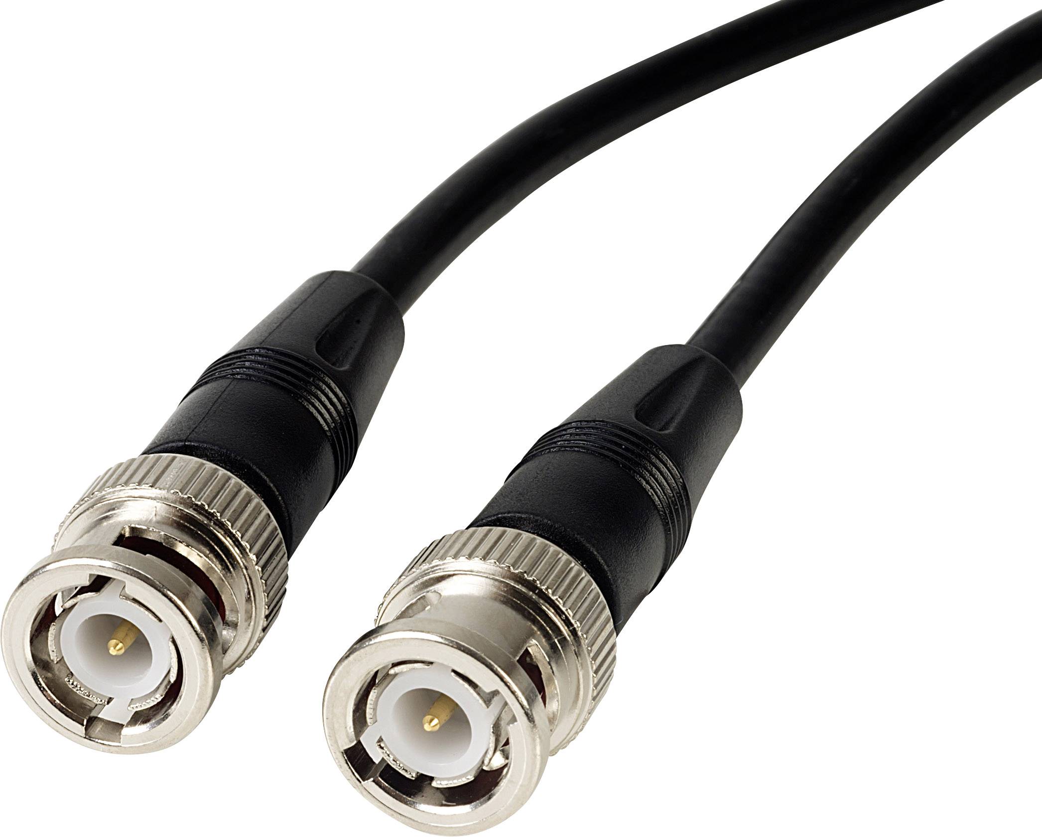 Dwa współosiowe kable BNC z metalowymi wtyczkami. Kable są czarne i ułożone równolegle obok siebie.