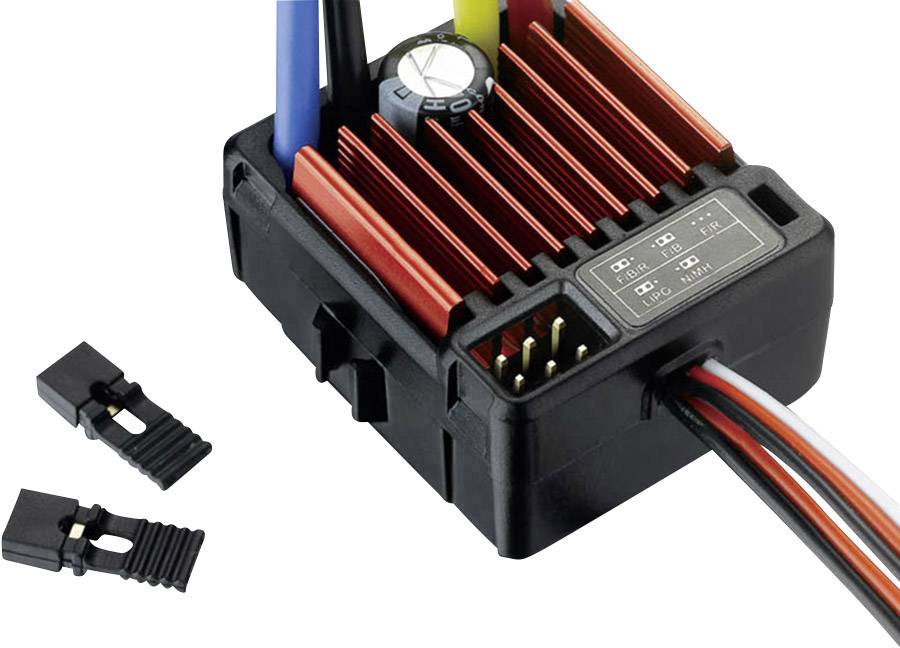 Elektroniczny regulator prędkości z radiatorem, wieloma przewodami przyłączeniowymi oraz dwoma złączami. Odpowiedni do modeli zdalnie sterowanych.