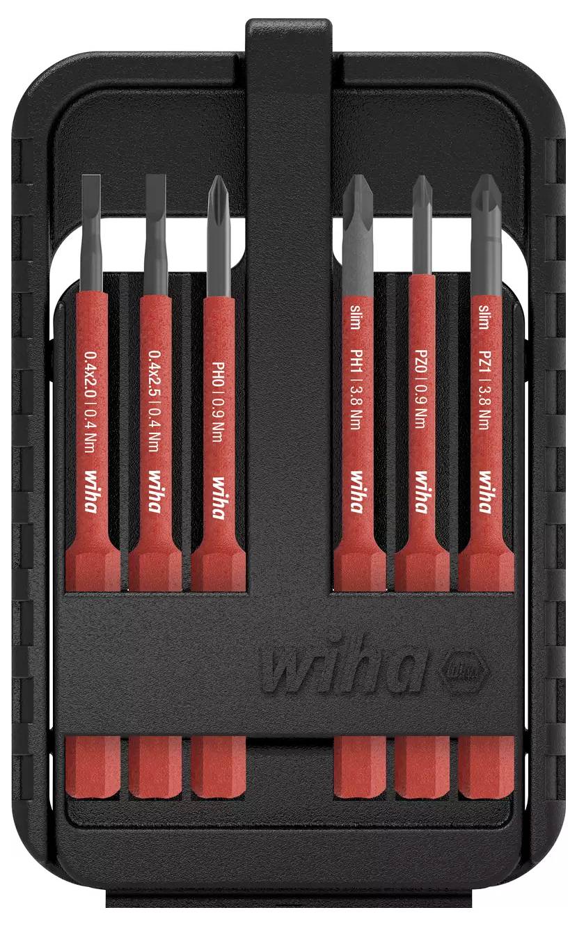 Sześć precyzyjnych wkrętaków w czarnym uchwycie; zawiera wkrętaki płaskie (0,2x1,0, 0,2x0,3) i Phillips (PH00, PH0, PH1) z czerwonymi i czarnymi rączkami.