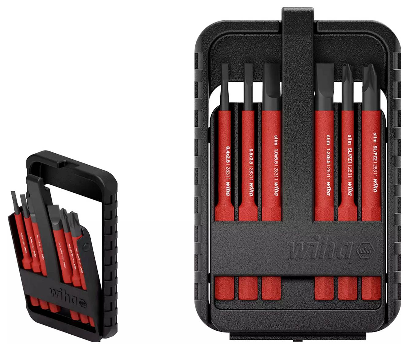 Zestaw dziewięciu dłut z czerwonymi uchwytami w czarnym, otwartym etui do przechowywania. Dłuta są zorganizowane i oznaczone etykietami z różnymi rozmiarami.