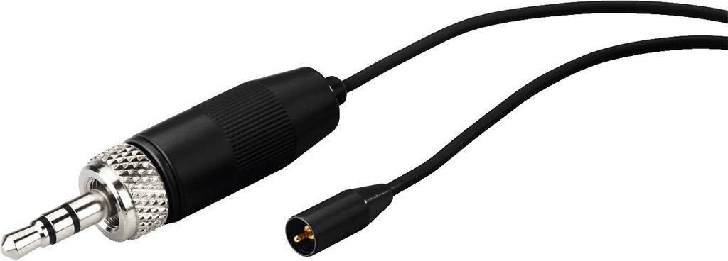 Czarny kabel audio z wtykiem jack 3,5 mm. Kabel jest długi i ma dodatkowe małe złącze na drugim końcu.