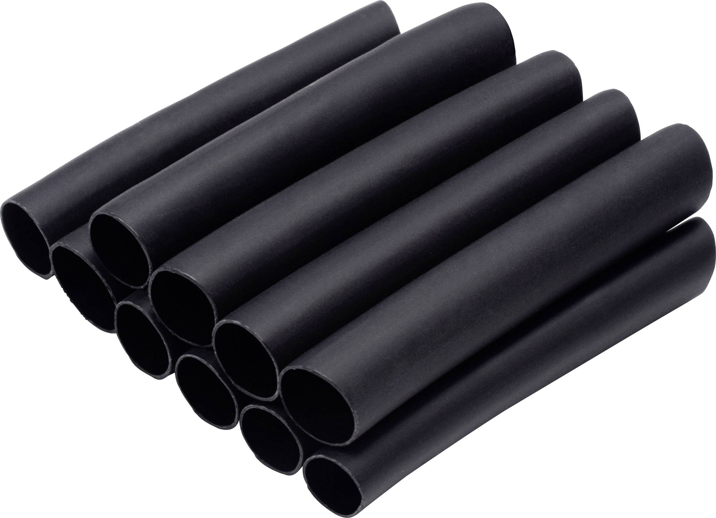 Czarne termokurczliwe rurki w różnych rozmiarach, ułożone obok siebie w stosie.