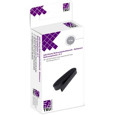 Pudełko z czarną rurką termokurczliwą, o średnicy 9,0 mm, współczynniku kurczenia 2:1, długości 1 m. Projekt opakowania z logo TRU Components.