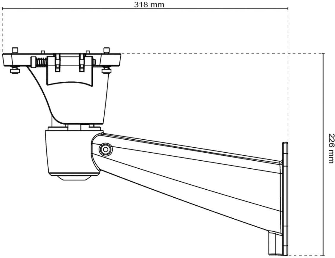 Widok boczny mocowania kamery monitoringu. Całkowita długość 318 mm, wysokość 226 mm. Ilustracja przedstawia punkty montażowe i projekt mocowania.