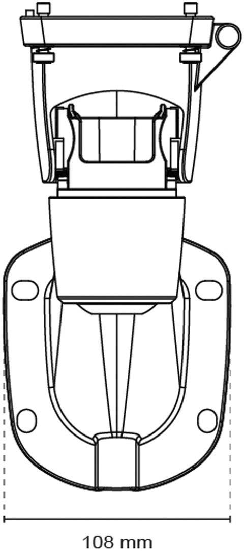 Rysunek techniczny elementu metalowej konstrukcji z elementami mocującymi, widok z góry, szerokość oznaczona jako '108 mm'.