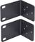 Dwie czarne, prostokątne metalowe wsporniki z wieloma otworami na śruby, idealne do montażu urządzeń lub półek na dowolnej powierzchni.
