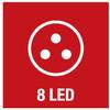Symbol wtyczki z trzema pinami, pod spodem tekst '8 LED'.