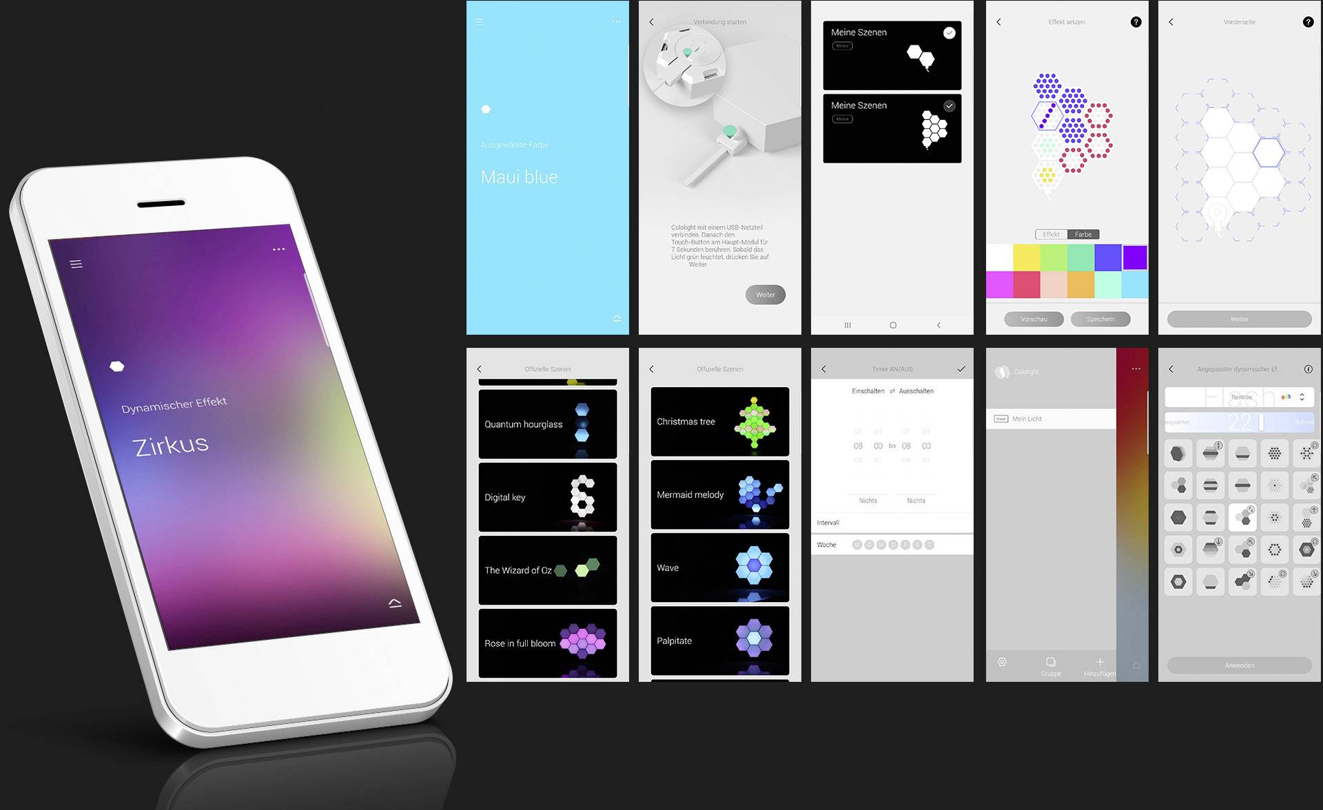 Smartfon wyświetla różne projekty aplikacji z kolorowymi grafikami, tekstami i wyborem kolorów na ekranie.