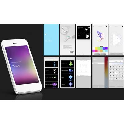 Smartfon wyświetla różne projekty aplikacji z kolorowymi grafikami, tekstami i wyborem kolorów na ekranie.