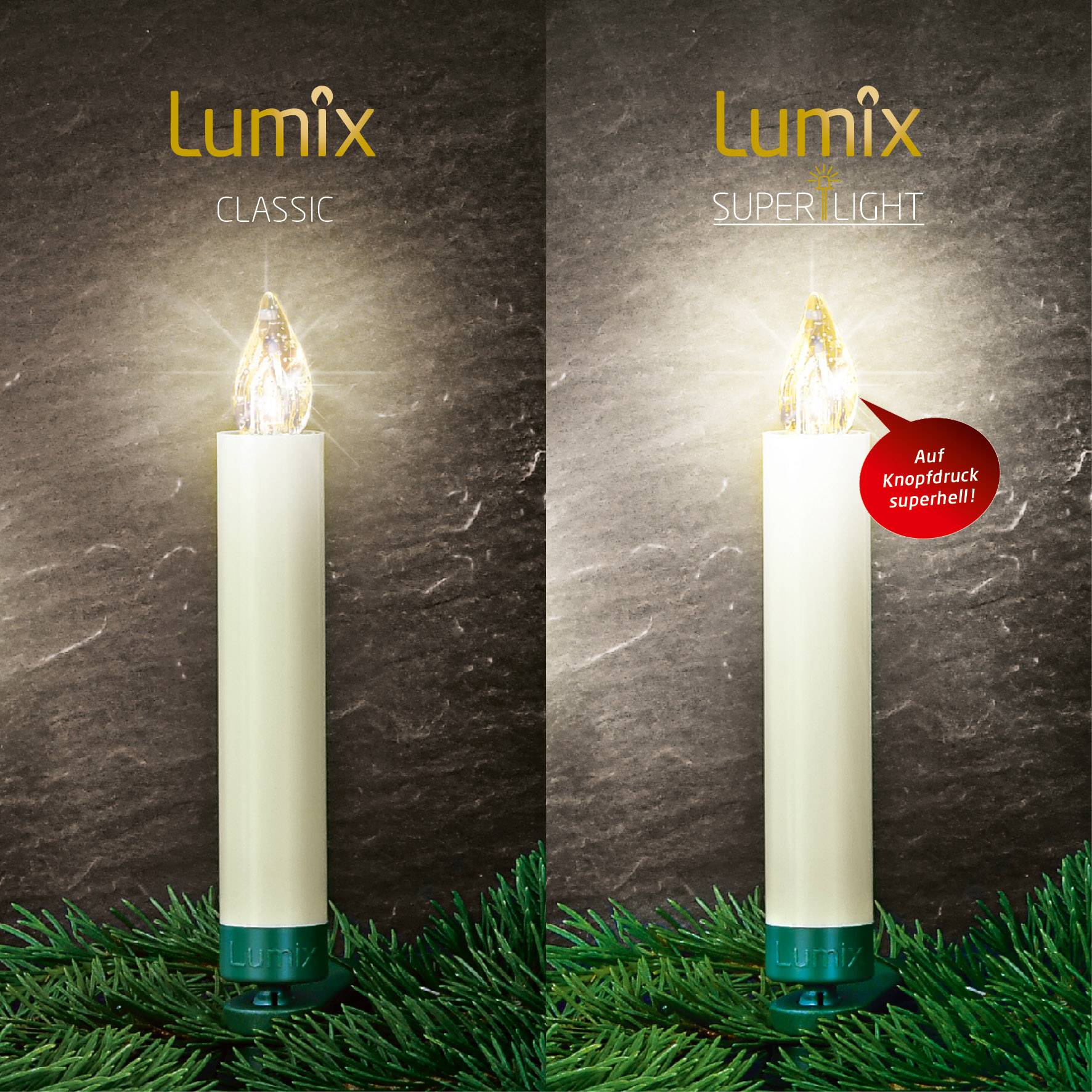 Dwie świece na gałązkach sosny; po lewej stronie 'Lumix Classic', po prawej 'Lumix Super Light' z dymkiem wskazującym na wyjątkową jasność.