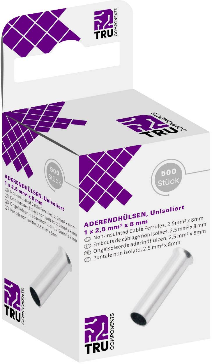 Трубчатые клеммы TRU COMPONENTS T1904C086, неизолированные, 2,5 мм² x 8 мм, 500 шт.