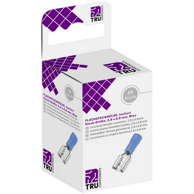 Opakowanie TRU Components zawierające 25 niebieskich izolowanych nasuwek płaskich, o rozmiarze 2,8 x 0,8 mm, przedstawione w designie produktu.