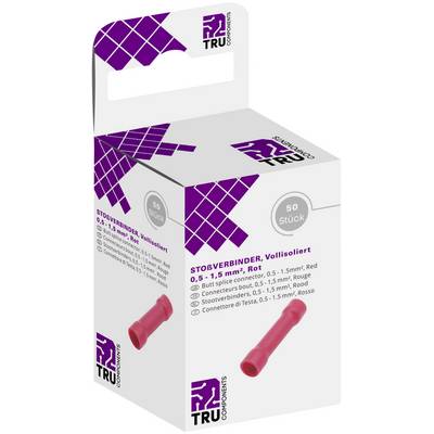 Na ilustracji przedstawiono opakowanie firmy TRU Components zawierające 50 czerwonych końcówek kablowych o przekroju 0,5 - 1,5 mm².
