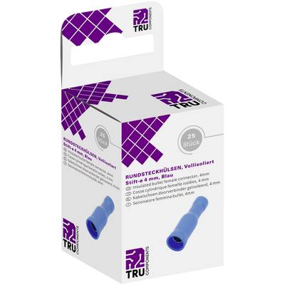 Opakowanie złączek okrągłych TRU Components, w pełni izolowanych, wtyk o średnicy 4 mm, niebieski, 25 sztuk. Ilustracja niebieskiej złączki.