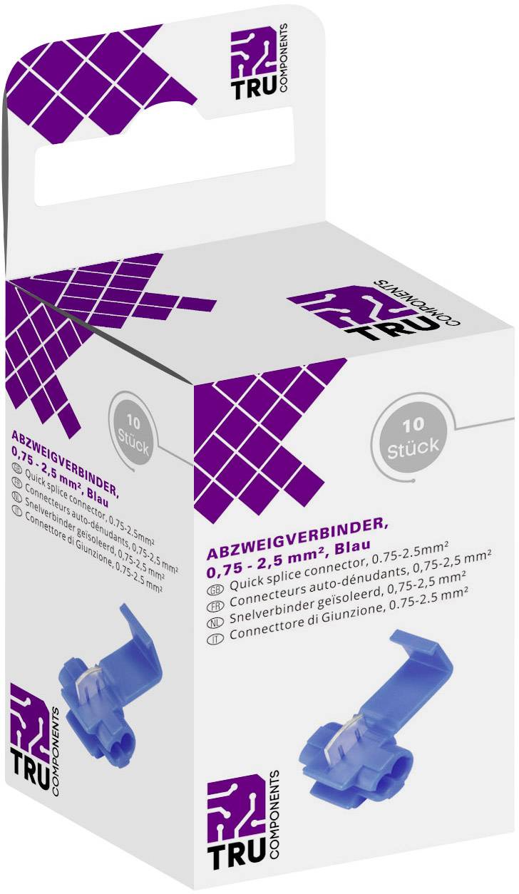 Biała opakowanie z fioletowymi i niebieskimi akcentami firmy TRU Components. Tekst na opakowaniu: 'Złączka rozgałęźna, 0,75-2,5 mm², Niebieska'.