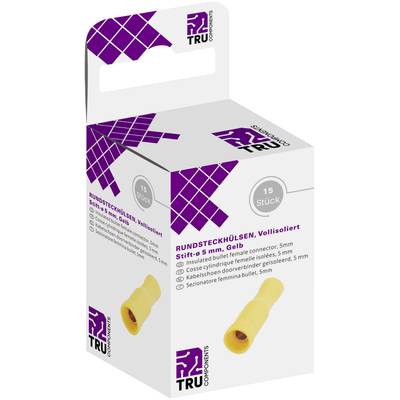 Pudełko firmy TRU Components zawierające 15 żółtych, w pełni izolowanych tulei okrągłych, średnica bolca 5 mm, z opisem na przedniej stronie.