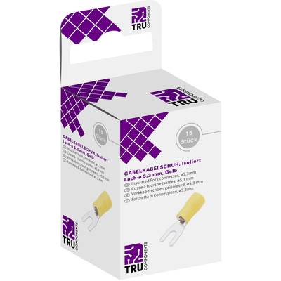 Końcówka kablowa rozwidlona, izolowana, średnica otworu 5,3 mm, żółta, 15 sztuk. Opakowanie przedstawia zdjęcie połączenia. Logo producenta w lewym górnym rogu.