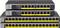 Kilka przełączników sieciowych Netgear z licznymi portami Ethernetułożonymi w stos. Etykiety wskazują numery portów i wyświetlają ich stan.