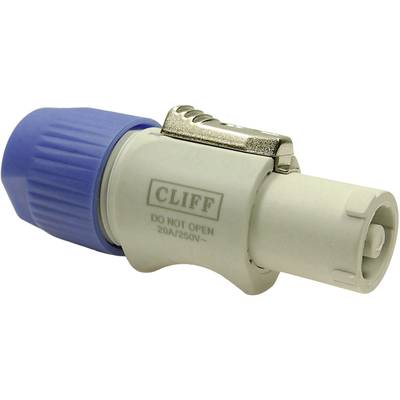 Niebieski i szary wtyk elektryczny z napisem 'CLIFF NIE OTWIERAĆ 20A/250V', przedstawiający mechanizm blokujący.