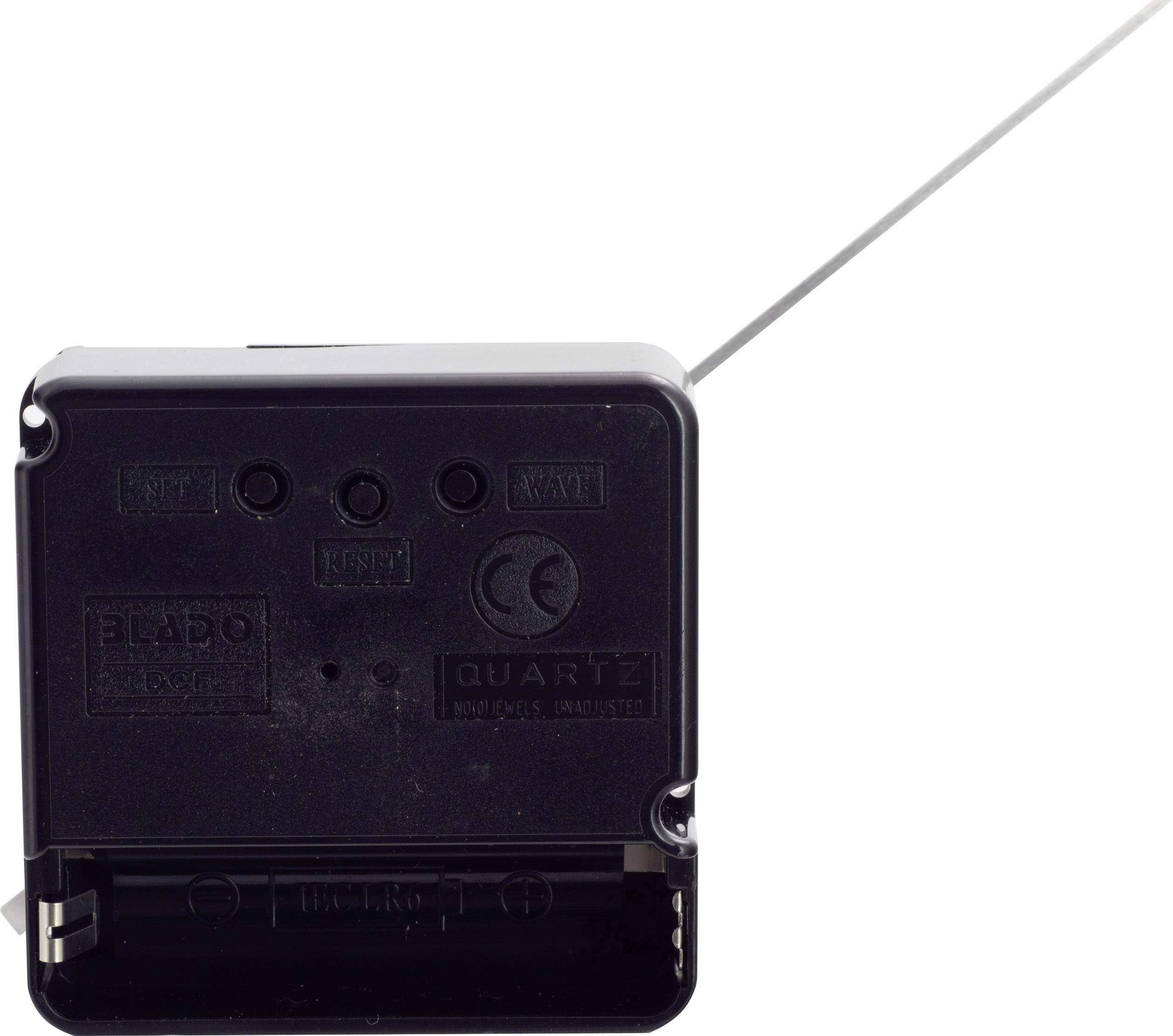 Czarny mechanizm zegarowy z kwarcu z widoczną metalową osią mocowania wskazówek.