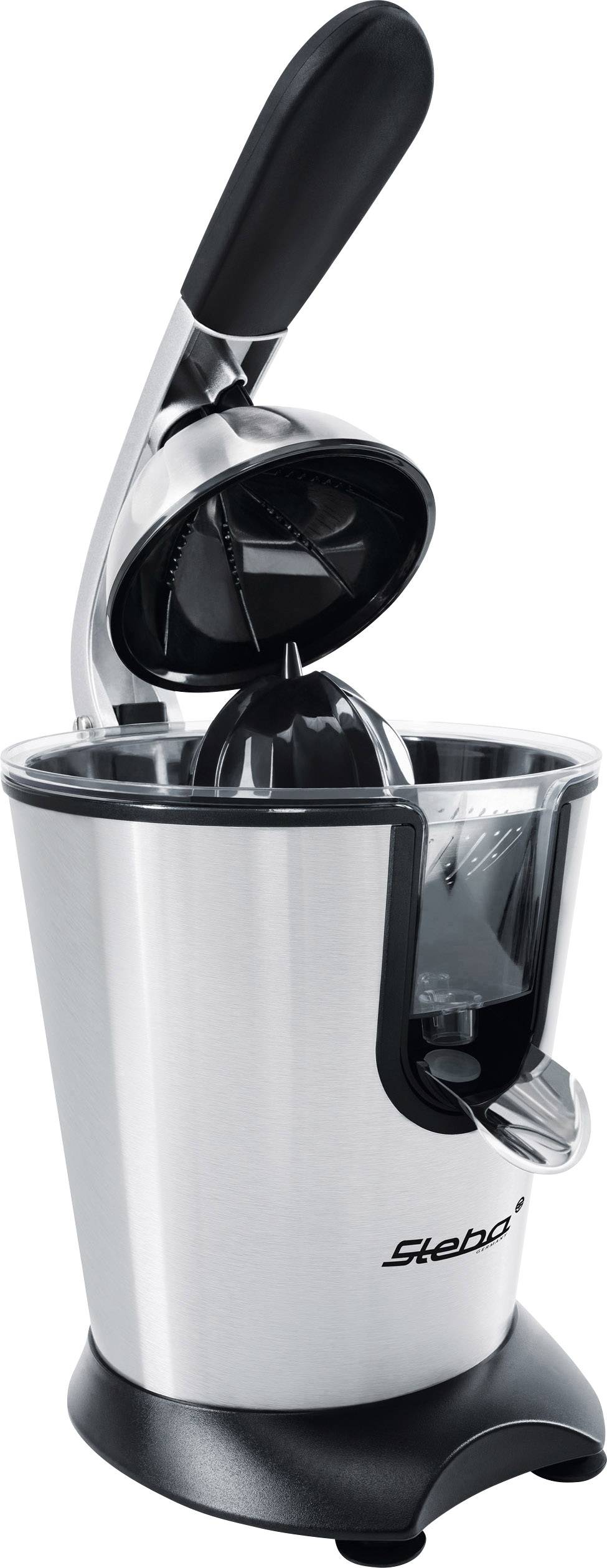 Stalowa elektryczna wyciskarka do cytrusów z dźwignią i czarnym uchwytem. Zaprojektowana do wydajnego wyciskania soków z cytryn i pomarańczy.