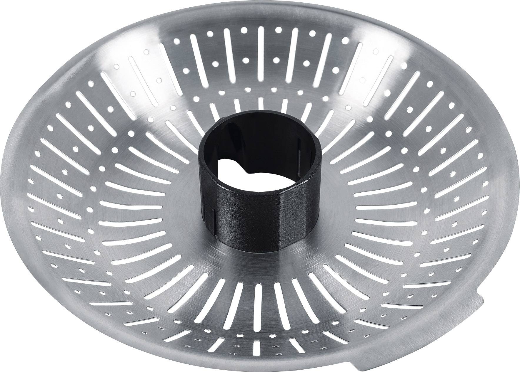 Metalowy wkład do parownika z otworami i czarnym uchwytem pośrodku do gotowania warzyw na parze.