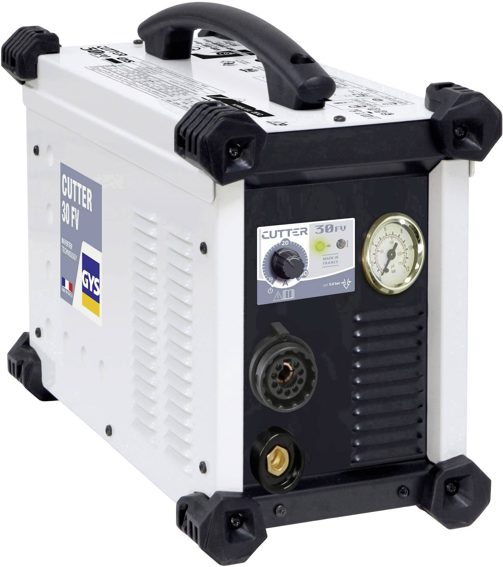 Biała maszyna do cięcia plazmowego z czarnym uchwytem i panelem sterowania z przodu, widoczne logo marki i przełączniki.