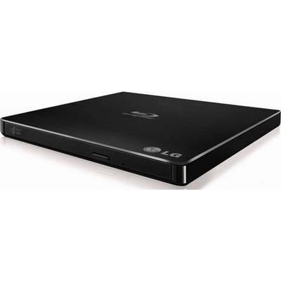 Zewnętrzny nagrywarka Blu-ray LG w czarnej obudowie, o smukłej konstrukcji z mechanizmem wysuwania płyty z przodu.