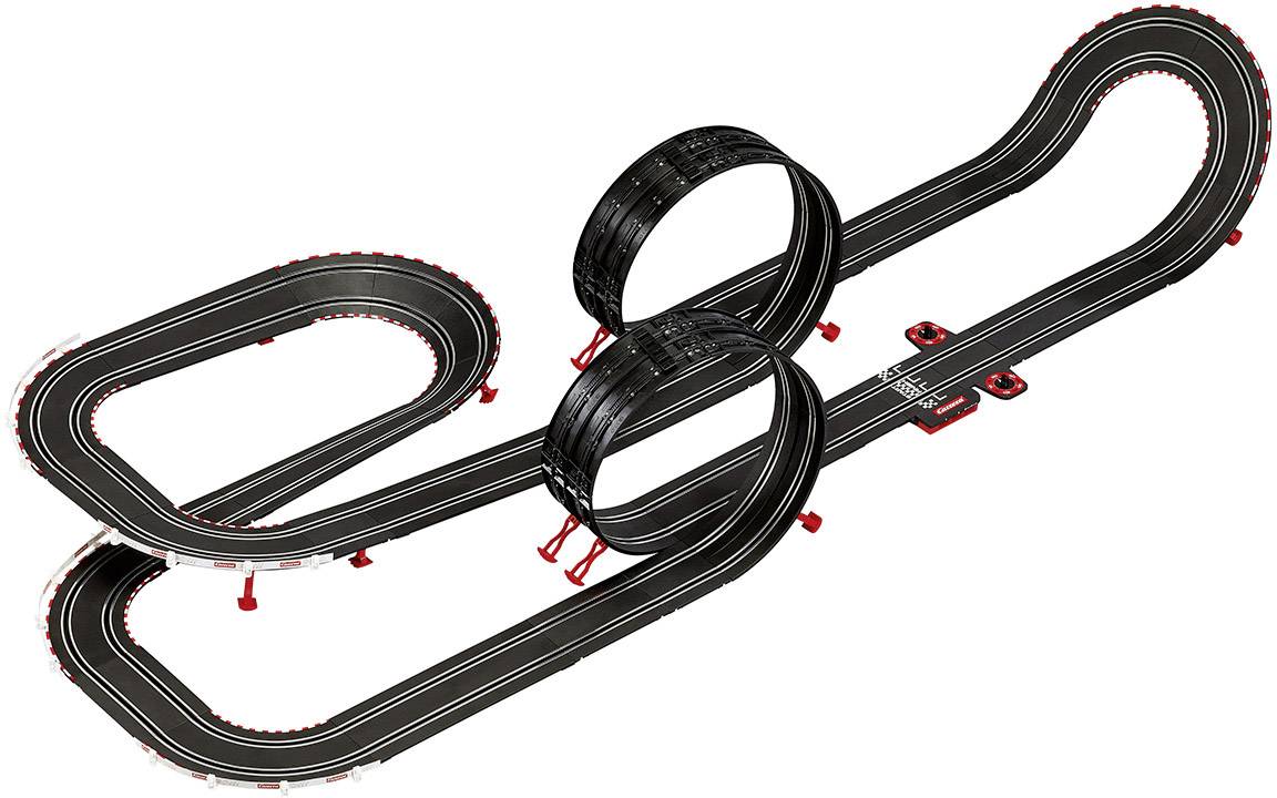Czarna, torowa wyścigówka zabawkowa z wieloma zakrętami i dwoma pętlami, umieszczona na czerwonej podstawie, przeznaczona dla miniaturowych samochodzików.