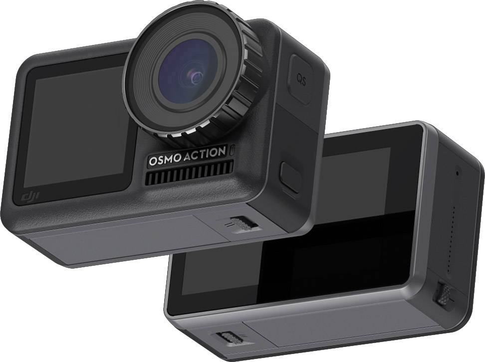Dwie kamery sportowe w czarnej obudowie z wbudowanym wyświetlaczem i obiektywem, oznaczone napisem 'OSMO ACTION'.