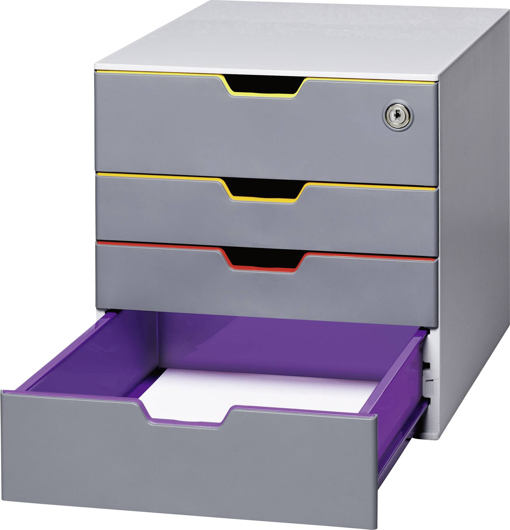 Szara szufladowa komoda z czterema szufladami, z czego trzy są zamknięte. Najniższa szuflada jest otwarta i w kolorze fioletowym, zawiera białe kartki.