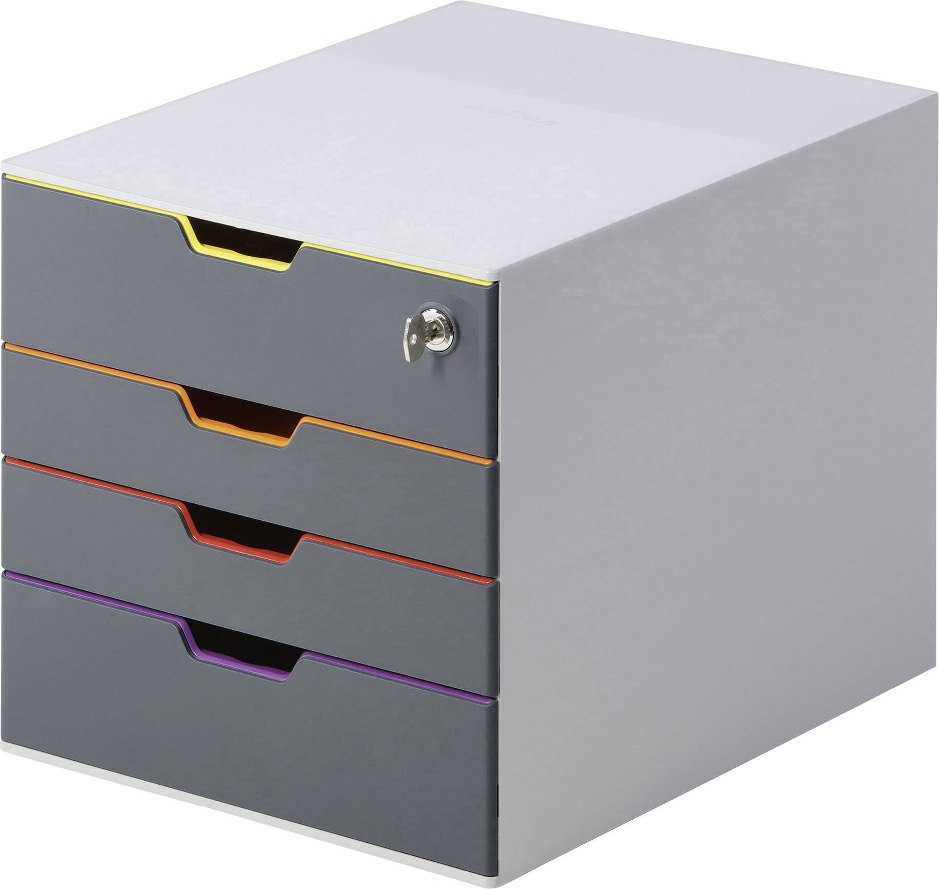 Cztery kolorowe pudełka na dokumenty z zamkiem w prawym górnym rogu, odpowiednie do zorganizowanego przechowywania dokumentów lub materiałów biurowych.