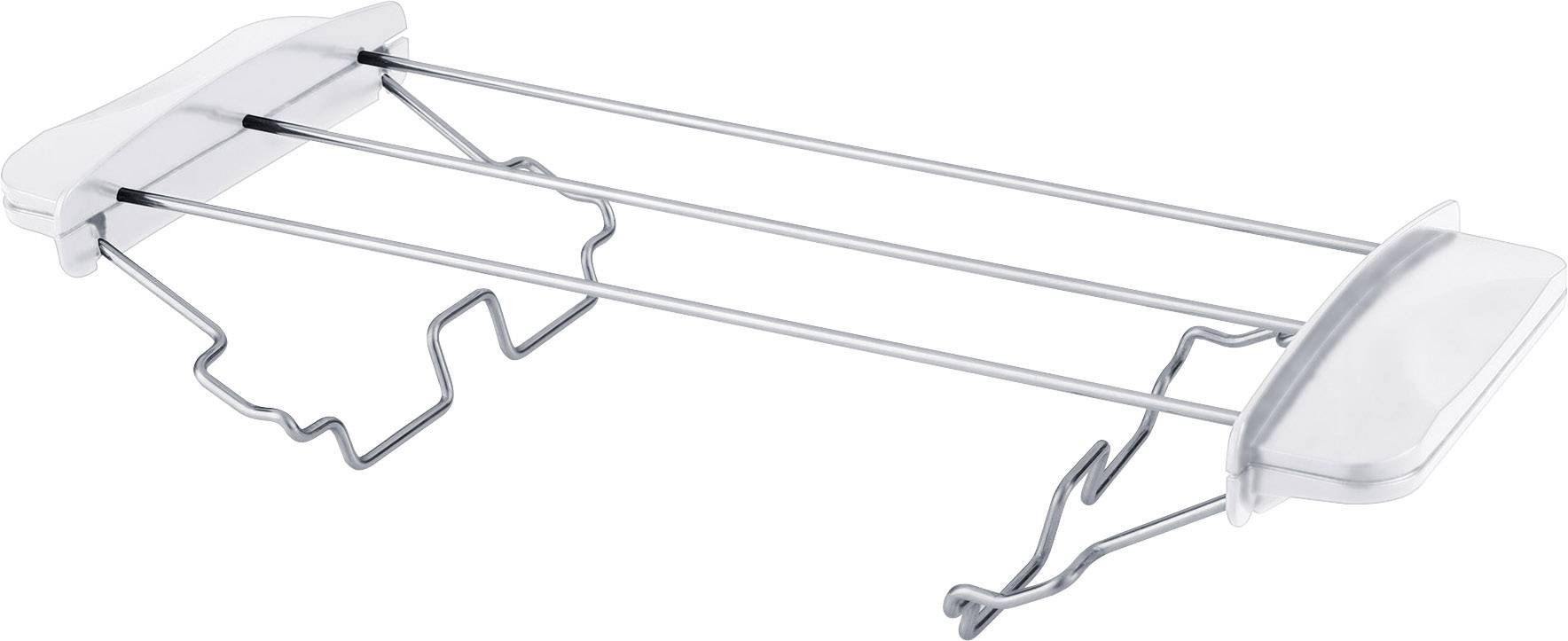 Metalowy wieszak ścienny na pranie z trzema wysuwanymi linkami. Idealny do suszenia odzieży w małych pomieszczeniach.