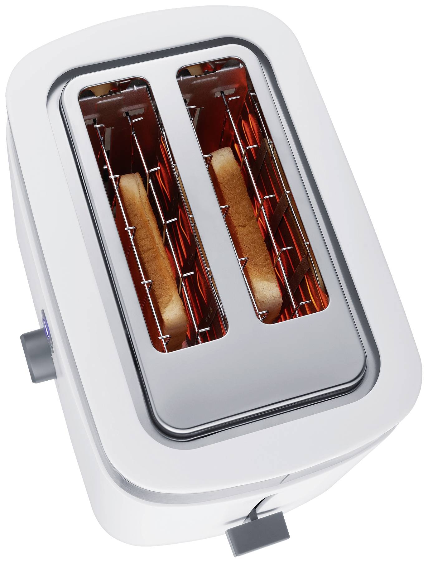 Toster z dwiema kromkami chleba, które są w trakcie się przyrumieniania.