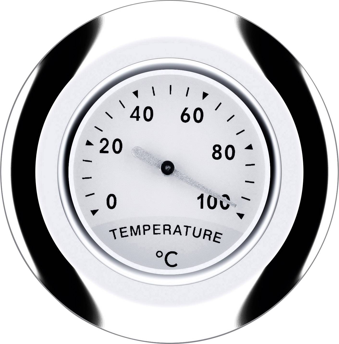 Okrągły termometr wskazuje temperaturę około 75°C. Tarcza ma oznaczenia od 0 do 100°C.