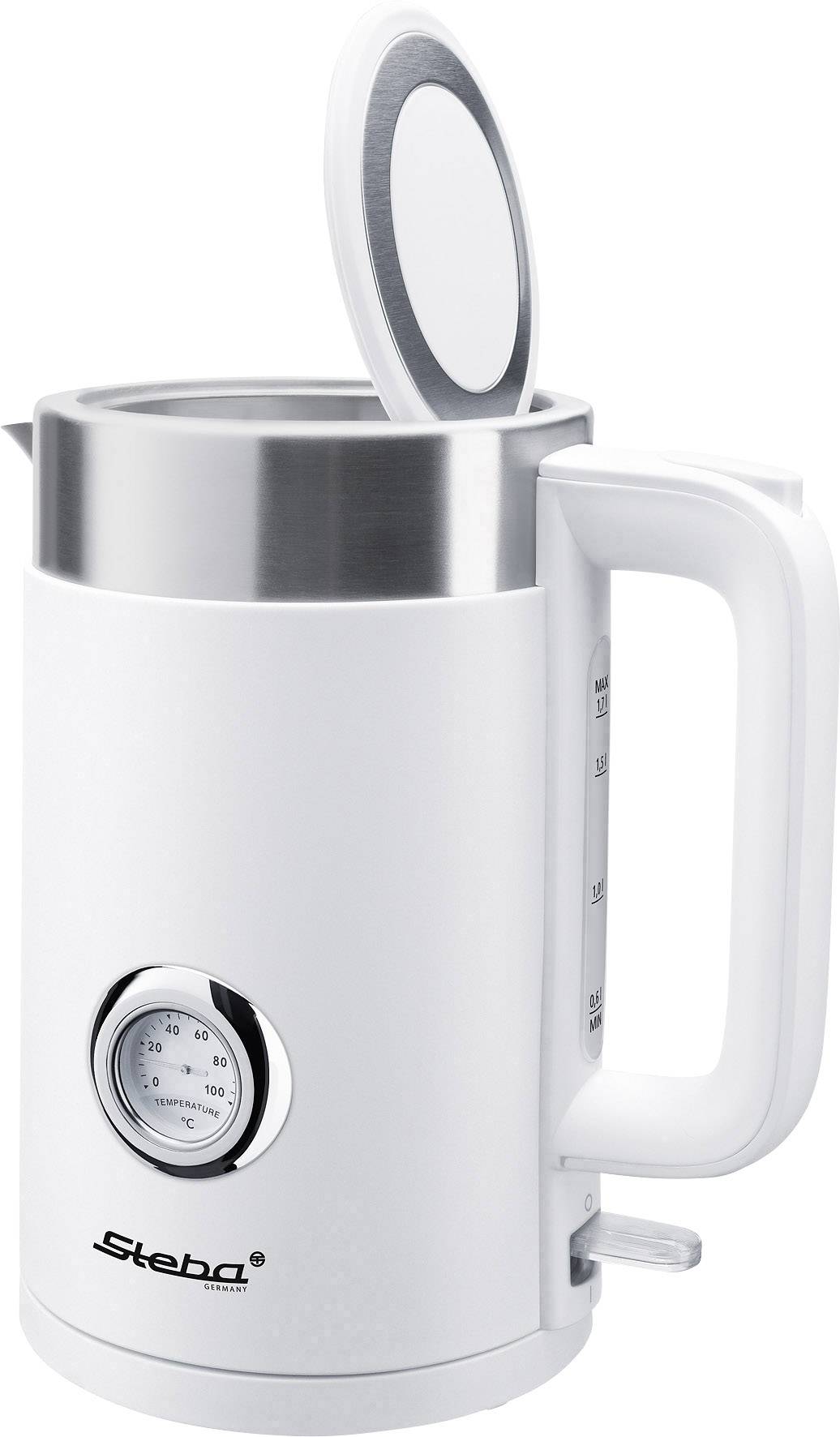 Czajnik elektryczny w białym kolorze z elementami ze stali nierdzewnej, z otwartą pokrywką i wskaźnikiem temperatury na przedniej ściance.